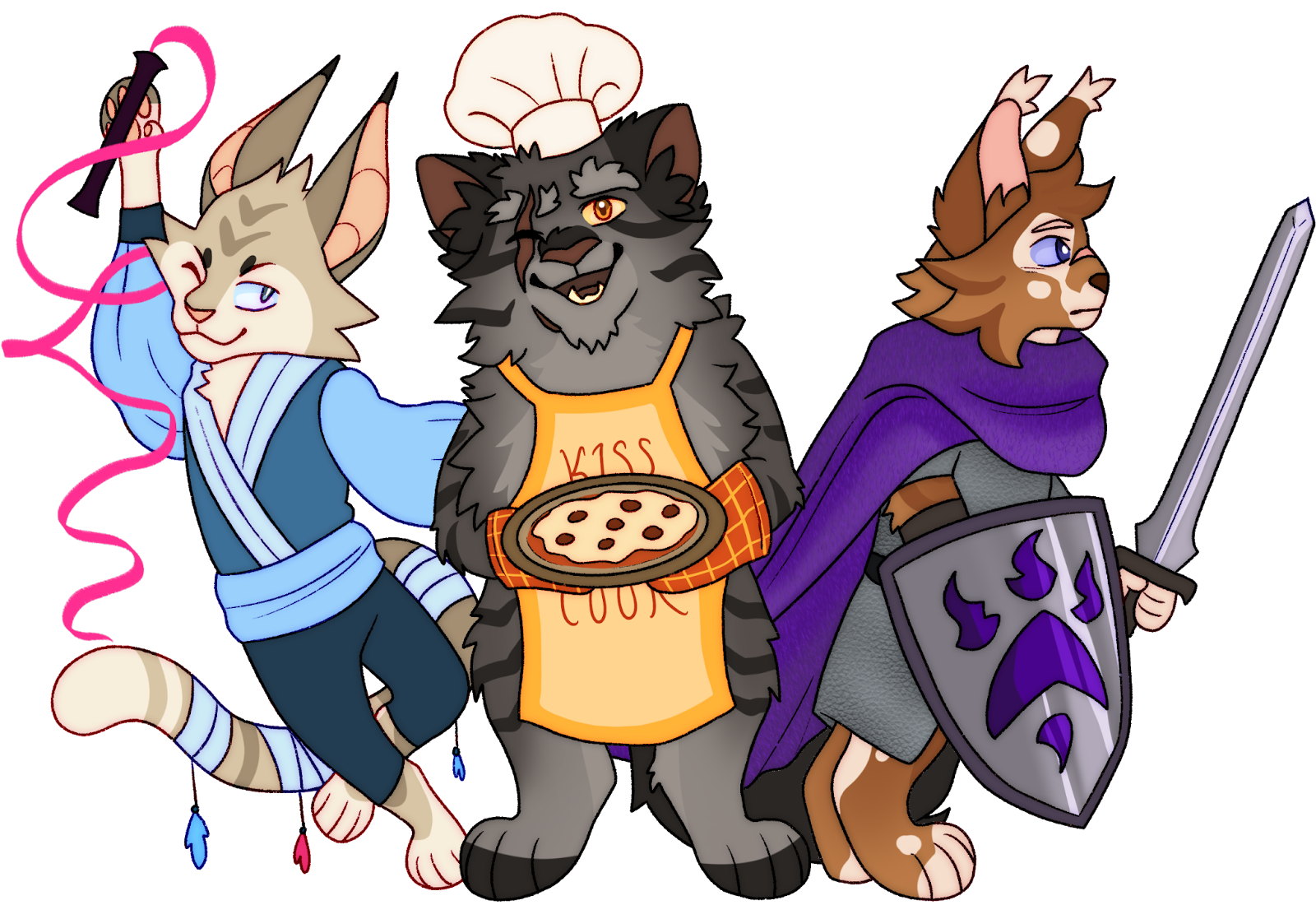 Cats with various occupations, like a ribbon dancer, chef, and knight.